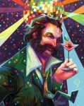  1boy absurdres artist_name beard brown_hair cocktail_glass confetti cup disco_ball disco_elysium drinking_glass english_commentary facial_hair formal green_suit harry_du_bois highres holding holding_cup kikicolors looking_at_viewer male_focus mutton_chops necktie smile solo suit upper_body yellow_necktie 