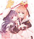  2girls brown_hair cardcaptor_sakura daidouji_tomoyo female_child green_eyes holding_hands kero kinomoto_sakura meeluf multiple_girls purple_hair sailor_collar school_uniform skirt tomoeda_elementary_school_uniform violet_eyes white_headwear white_sailor_collar white_skirt wings 