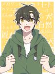  1boy background_text bangs black_hair border buckle casual character_name clenched_hands collarbone commentary eyes_visible_through_hair green_hoodie hair_between_eyes hair_ornament hair_over_eyes hairclip hood hood_down hoodie kagerou_project kanako-n-03-04 light_blush looking_at_viewer male_focus mekakucity_actors open_mouth outline outside_border seto_kousuke shirt short_hair sleeves_rolled_up solo straight-on t-shirt white_border white_outline white_shirt yellow_background yellow_eyes 