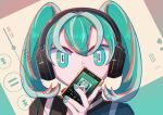  1girl absurdres aqua_eyes aqua_nails avogado6 bangs black_shirt character_name covering_mouth digital_media_player hair_between_eyes hand_up hatsune_miku headphones highres light_blush looking_at_viewer multicolored_hair number_in_eye pink_hair portrait recursion romaji_text shirt short_twintails sony streaked_hair suspenders symbol-shaped_pupils twintails user_interface vocaloid walkman wide-eyed 