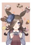  1girl :o animal_ears apron black_hair blue_flower blue_headwear blue_rose blue_sailor_collar blue_shirt candy chocolate clenched_hands cookie cupcake dotted_line doughnut flower food fruit hair_over_one_eye hat hat_flower heart highres horse_ears horse_girl jzhcad93zlc0apd light_blush light_frown long_hair long_sleeves looking_at_viewer macaron open_mouth orange_(fruit) orange_slice outline purple_apron rice_shower_(umamusume) rose sailor_collar school_uniform shirt solo tilted_headwear tracen_school_uniform umamusume upper_body valentine violet_eyes white_outline 