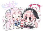  2girls bangs black_headwear black_wings blue_archive chibi closed_eyes commentary dress feeding food hair_bun halo hat head_wings holding holding_spoon ice_cream koharu_(blue_archive) kokumosu long_sleeves mika_(blue_archive) multiple_girls open_mouth pink_eyes pink_hair sailor_collar school_uniform serafuku simple_background single_side_bun spoon sundae twintails white_background white_dress white_sailor_collar white_wings wings 