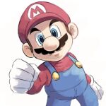  1boy blue_eyes blue_overalls clenched_hand facial_hair gloves hat looking_at_viewer mario mustache overalls red_headwear red_shirt shirt simple_background super_mario_bros. white_background white_gloves ya_mari_6363 