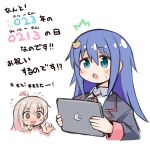  2girls :o ^^^ ahoge aqua_eyes bangs black_jacket blue_hair brown_eyes commentary flying_sweatdrops hair_between_eyes hair_ornament hairclip highres holding holding_tablet_pc jacket kugelschreiber long_hair long_sleeves multiple_girls onii-chan_wa_oshimai! open_mouth oyama_mahiro pink_hair pun school_uniform shirt simple_background solo_focus tablet_pc tenkawa_nayuta text_focus translated white_background white_shirt wing_collar 