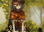  black_headwear black_ribbon black_skirt blue_hair chinese_clothes closed_eyes closed_mouth day forest frown hat highres miyako_yoshika nature neck_ribbon ofuda ofuda_on_head outdoors ribbon short_hair short_sleeves sitting skirt tangzhuang touhou youshouhaoxianzhe 