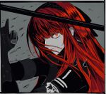  1girl closed_mouth hair_over_one_eye hairband highres hikachil holding holding_weapon long_hair monochrome punishing:_gray_raven red_eyes redhead spot_color vera_(punishing:_gray_raven) weapon 
