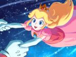  1girl blonde_hair blue_eyes crown dress earrings elbow_gloves gloves holding_hands jewelry long_hair open_mouth pink_dress princess_peach space super_mario_bros. teeth upper_teeth_only white_gloves ya_mari_6363 