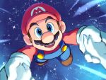  1boy blue_eyes blue_overalls boots brown_footwear brown_hair facial_hair gloves hat holding_hands mario mustache open_mouth overalls red_headwear red_shirt shirt space super_mario_bros. teeth upper_teeth_only white_gloves ya_mari_6363 