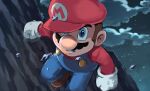  1boy blue_eyes blue_overalls brown_hair clouds facial_hair gloves hat highres looking_at_viewer mario mustache night night_sky overalls red_headwear red_shirt shirt sky super_mario_bros. teeth white_gloves ya_mari_6363 