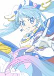  1girl ahoge blue_eyes blue_hair bow brooch cape cure_sky detached_sleeves earrings fingerless_gloves gloves grin highres hirogaru_sky!_precure jewelry long_hair looking_at_viewer magical_girl pink_bow precure puffy_detached_sleeves puffy_sleeves single_earring single_sidelock smile solo sora_harewataru sugimoto_miho two-sided_cape two-sided_fabric white_gloves wing_brooch wing_hair_ornament 