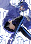  1girl 510_gotoudayo :d absurdres bangs binary black_skirt black_thighhighs blue_hair blue_jacket blurry character_name copyright_name depth_of_field digital_dissolve electricity ene_(kagerou_project) facial_mark floating floating_hair grey_background hair_between_eyes headphones highres jacket kagerou_project long_hair long_sleeves looking_at_viewer miniskirt open_mouth pleated_skirt red_eyes simple_background skirt sleeves_past_wrists smile solo thigh-highs track_jacket twintails zipper 