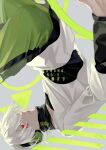  1boy 510_gotoudayo absurdres arrow_print bangs black_scarf character_name clothing_cutout copyright_name facial_mark green_pants grey_background grey_hair hair_over_one_eye headphones highres kagerou_project konoha_(kagerou_project) layered_sleeves long_sleeves looking_at_viewer male_focus pants parted_lips ponytail red_eyes scarf shirt short_hair short_over_long_sleeves short_sleeves solo triangle upside-down white_hair white_shirt 
