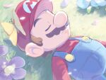  1boy blue_flower blue_overalls bug butterfly closed_eyes facial_hair flower hat highres lying mario mustache on_back on_grass overalls purple_flower red_headwear red_shirt shirt super_mario_bros. ya_mari_6363 yellow_butterfly 