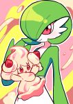  :d absurdres alcremie alcremie_(strawberry_sweet) bangs closed_mouth colored_skin commentary_request flipped_hair food fruit gardevoir green_hair hand_up highres open_mouth outline pokefia pokemon pokemon_(creature) red_eyes smile strawberry white_skin 