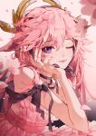  1girl alternate_costume animal_ears artist_name bangs bare_shoulders black_ribbon closed_mouth dress floppy_ears fox_ears frilled_dress frills genshin_impact hair_between_eyes hand_on_own_cheek hand_on_own_face highres jewelry long_hair looking_at_viewer one_eye_closed pink_dress pink_hair pink_nails ribbon ring solo strapless strapless_dress upper_body violet_eyes yae_miko yeurei 