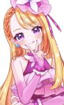  1girl :q absurdres blonde_hair blush bridal_gauntlets butterfly_earrings cure_butterfly earrings halterneck highres hijiri_ageha hirogaru_sky!_precure jewelry kuzumochi long_hair magical_girl pink_headwear pink_nails precure solo tongue tongue_out v_over_mouth violet_eyes 