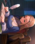  1girl bangs blonde_hair blue_shirt blurry blurry_foreground book braid breasts brick_wall chair closed_mouth feathers green_eyes hair_ornament hairclip highres holding holding_feather large_breasts long_hair long_sleeves open_book parted_hair pointy_ears princess_zelda saburou_(jako) shirt sitting solo the_legend_of_zelda the_legend_of_zelda:_breath_of_the_wild white_shirt window writing 