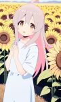 1girl absurdres ai-generated bmgd flower genderswap genderswap_(mtf) highres long_hair onii-chan_wa_oshimai! open_mouth outdoors oyama_mahiro solo sunflower