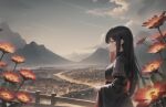  1girl ai-generated black_hair city city_lights fence flower grey_eyes horizon japanese_clothes mountain mountainous_horizon multicolored_hair non-web_source profile red_flower redhead river sky stable_diffusion 