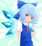  1girl arm_behind_back bangs blue_bow blue_eyes blue_hair bow cirno commentary_request cup detached_wings drinking hair_bow highres holding holding_cup ice ice_wings looking_at_viewer mikan_(manmarumikan) short_hair short_sleeves solo touhou upper_body wings 
