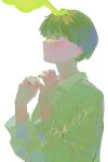  1boy bangs bowl_cut comforting crying ekubo_(mob_psycho_100) green_theme hand_on_another&#039;s_head hands_up headpat highres hitodama kageyama_shigeo long_sleeves looking_at_another looking_away looking_up male_focus mob_psycho_100 out_of_frame pajamas ruilibing short_hair signature simple_background solo_focus upper_body white_background 