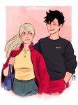  1boy 1girl artthetrash bag bangs black_hair blonde_hair borrowed_clothes breasts brown_eyes buttons earrings english_commentary green_eyes grin haiba_arisa haikyuu!! hand_in_pocket hand_on_another&#039;s_shoulder height_difference highres jacket jewelry kuroo_tetsurou long_hair long_sleeves looking_at_another pants ponytail red_jacket red_pants shirt short_hair smile sportswear standing track_pants 