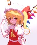  1girl ascot bangs blonde_hair closed_mouth crystal fang fingernails flandre_scarlet hair_between_eyes hat highres long_hair mob_cap nail_polish puffy_short_sleeves puffy_sleeves red_eyes red_nails red_skirt red_vest shimizu_tomoki short_sleeves side_ponytail skirt smile solo touhou upper_body vest white_headwear wings yellow_ascot 