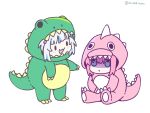  2girls :3 :d artist_name bangs blue_eyes blue_hair blunt_bangs bocchi_the_rock! chibi commentary dinosaur_costume dinosaur_hood dot_mouth gawr_gura gloom_(expression) gotou_hitori hair_between_eyes highres hololive its_still_kuno multicolored_hair multiple_girls pink_hair simple_background sitting smile smol_gura solid_oval_eyes spiked_tail streaked_hair symbol-only_commentary tail trait_connection twitter_username two-tone_hair virtual_youtuber white_background white_hair 