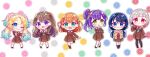  6+girls arm_up bangs black_gloves black_hair blonde_hair blue_eyes blue_hair brown_hair chibi colored_inner_hair commentary double_v floral_background fujishima_megumi full_body gloves gradient_hair green_eyes grey_hair grin hair_bun highres hinoshita_kaho jacket keplerlovelive leg_up link!_like!_love_live! long_hair looking_at_viewer love_live! low_twintails medium_hair multicolored_hair multiple_girls murano_sayaka one_eye_closed orange_hair osawa_rurino otomune_kozue red_eyes redhead school_uniform side_ponytail sidelocks single_side_bun smile standing twintails two_side_up v violet_eyes yugiri_tsuzuri 