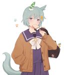  1girl animal_ears bag blue_eyes blush bow bowtie cardigan food food_in_mouth green_hair hair_ornament hairclip hand_in_pocket horse_ears horse_girl horse_tail jacket long_sleeves looking_at_viewer mouth_hold open_clothes open_jacket paw_print purple_shirt purple_skirt rio_(rio_067) sailor_collar school_bag school_uniform seiun_sky_(umamusume) shirt short_hair skirt solo tail toast toast_in_mouth tracen_school_uniform umamusume upper_body white_background 