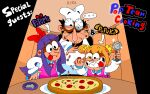  ... 1boy 2girls :p absurdres ashtray black_hair blue_hair bow chef_hat cigarette_butt crossover drooling eye_twitch facial_hair food hair_bow hair_ornament hair_scrunchie hat highres multiple_girls mustache parody peppino_(pizza_tower) pipimi pizza pizza_cutter pizza_tower poptepipic popuko pte_stanaccount school_uniform scrunchie serafuku sharp_teeth style_parody teeth tongue tongue_out two_side_up yellow_scrunchie 