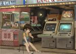  1girl arcade arcade_cabinet bangs between_legs blue_overalls brown_eyes brown_hair candy child commentary crane_game female_child flower food hair_flower hair_ornament hand_between_legs holding holding_candy holding_food holding_lollipop indoors lollipop looking_at_viewer miyagawa_haruka namuta on_stool original overall_shorts overalls shirt shoes short_sleeves short_twintails sitting sneakers solo stool suspenders t-shirt tongue tongue_out twintails white_flower yellow_shirt 