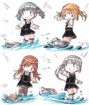  arashio_(kancolle) arashio_kai_ni_(kancolle) black_dress brown_hair chibi double_bun dress grey_hair hair_bun hair_ribbon highres kantai_collection kasumi_(kancolle) kasumi_kai_ni_(kancolle) kneehighs long_hair long_sleeves michishio_(kancolle) michishio_kai_ni_(kancolle) multiple_girls ooshio_(kancolle) ooshio_kai_ni_(kancolle) open_mouth pantyhose pinafore_dress poipoi_purin ponytail ribbon school_uniform shirt side_ponytail simple_background smile socks twintails water white_shirt 