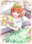  1girl bangs blue_eyes bouquet breasts brown_ribbon collarbone commentary cross-laced_clothes cross-laced_dress dress eyebrows_hidden_by_hair eyelashes flower framed frilled_dress frilled_sleeves frills garden go-toubun_no_hanayome green_dress green_flower green_hairband green_ribbon green_rose hair_between_eyes hairband highres holding holding_bouquet large_breasts leaf light_particles long_dress looking_at_viewer medium_hair nakano_yotsuba open_mouth orange_hair pillow pink_flower pink_rose puffy_short_sleeves puffy_sleeves ribbon rose short_sleeves smile solo studio_viga teeth upper_teeth_only 