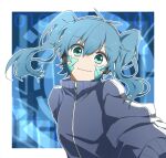 1girl aqua_eyes bangs binary blue_background blue_hair blue_jacket border closed_mouth collared_jacket commentary ene_(kagerou_project) facial_mark hair_between_eyes headphones jacket kagerou_project kanako-n-03-04 long_sleeves looking_at_viewer mekakucity_actors outline outside_border solo track_jacket twintails upper_body white_border white_outline zipper 