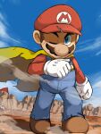  1boy blue_eyes blue_overalls blue_sky boots brown_footwear brown_hair cape facial_hair gloves hat highres mario mustache one_eye_closed outdoors overalls red_headwear red_shirt rock shirt sky solo super_mario_bros. white_gloves ya_mari_6363 yellow_cape 