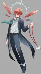  1boy belt black_jacket black_pants black_shirt brown_belt closed_mouth collared_shirt facing_viewer full_body green_eyes green_hair grey_background highres hypnosis_mic jacket kannonzaka_doppo long_sleeves male_focus multicolored_hair pants redhead shirt short_hair solo striped striped_shirt uumaesil white_shirt wings 