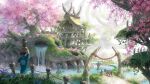  1boy 1girl arm_up blue_flower building cane cherry_blossoms commentary_request day donkey dragon fantasy flower from_behind grass holding house original outdoors path pink_flower pond purple_flower river road scenery skull tree water waterfall yellow_flower yukoiwase 