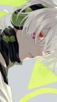  1boy 510_gotoudayo arrow_print bangs black_scarf facial_mark grey_background grey_hair hair_over_one_eye headphones highres kagerou_project konoha_(kagerou_project) looking_at_viewer male_focus parted_lips ponytail portrait red_eyes scarf short_hair solo triangle white_hair 
