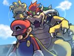  1boy blue_overalls bowser bracelet cape facial_hair gloves hat highres jewelry mario mustache open_mouth outdoors overalls red_headwear red_shirt redhead sharp_teeth shirt spiked_bracelet spikes super_mario_bros. super_mario_bros_z teeth white_gloves ya_mari_6363 yellow_cape 
