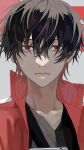  1boy 510_gotoudayo bangs black_hair black_shirt cellphone closed_mouth frown grey_background hair_over_eyes highres jacket kagerou_project kisaragi_shintarou looking_at_viewer male_focus phone portrait red_eyes red_jacket shirt short_hair solo v-neck 