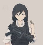 1girl bangs black_eyes black_hair bulletproof_vest closed_mouth collarbone collared_shirt commentary_request etmc1992 gun highres holding holding_lighter lighter long_hair looking_at_viewer original shirt sleeves_rolled_up solo tactical_clothes ump45 weapon white_shirt