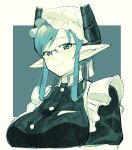  1girl blue_background blue_theme border breasts collared_dress commentary dragon_girl dragon_horns dress ezaki_papiko frills glasses hat highres horns large_breasts looking_at_viewer maid maid_headdress melusine_(housamo) mob_cap monochrome outside_border pointy_ears smile solo tokyo_afterschool_summoners upper_body white_border 