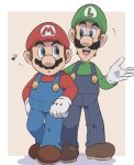  2boys blue_eyes blue_overalls boots border brothers brown_footwear facial_hair gloves green_headwear green_shirt hat highres luigi mario multiple_boys musical_note mustache open_mouth overalls red_headwear red_shirt shirt siblings simple_background super_mario_bros. teeth upper_teeth_only white_border white_gloves ya_mari_6363 