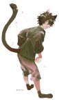 1boy animal_ears animal_feet bangs barefoot black_hair cat_boy cat_ears cat_tail from_behind from_side full_body green_pants highres japanese_clothes leaning_forward male_focus open_mouth original pants petals pink_eyes sakekasu_(lofter) short_hair simple_background solo standing string tail white_background 