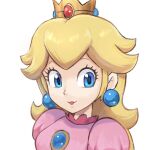  1girl blonde_hair blue_eyes crown dress earrings highres jewelry long_hair pink_dress portrait princess_peach simple_background super_mario_bros. white_background ya_mari_6363 