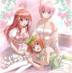  3girls :d ahoge bangs bare_shoulders blue_eyes blush bow closed_mouth cross-laced_clothes dress floral_print flower framed go-toubun_no_hanayome green_bow green_hairband green_shirt hair_between_eyes hair_ornament hairband highres indoors long_hair looking_at_viewer lying lying_on_lap multiple_girls nakano_ichika nakano_itsuki nakano_yotsuba neck_ribbon off_shoulder on_bed on_side orange_hair pantyhose pink_hair puffy_short_sleeves puffy_sleeves redhead ribbon rose shirt short_hair short_sleeves siblings sisters sitting sleeveless sleeveless_shirt smile spaghetti_strap star_(symbol) star_hair_ornament studio_viga sunlight under_covers white_dress white_pantyhose white_ribbon window yokozuwari 