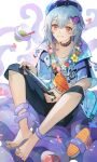  1boy arknights blonde_hair blue_headwear cup drinking_glass drinking_straw highres holding holding_cup jellyfish_hair_ornament jewelry kotatsu_kaya long_hair looking_at_viewer mizuki_(arknights) mizuki_(summer_feast)_(arknights) multiple_rings otoko_no_ko pink_eyes ring short_sleeves smile 