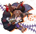  1girl 2-kuchi_kama animal_ears black_choker blush brown_hair cape chain choker claw_pose drop_shadow grin hand_puppet horns horse_ears horse_girl horse_tail long_sleeves looking_afar multicolored_hair puppet purple_skirt shinko_windy_(burst_out!_the_demon_king&#039;s_army_of_terror)_(umamusume) shinko_windy_(umamusume) short_hair skirt smile solo streaked_hair tail torn_cape torn_clothes umamusume v-shaped_eyebrows violet_eyes 