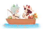  2girls animal_ears apple basket blush boat bottle bread brown_hair cheese chibi closed_eyes ear_covers ears_through_headwear fanny_pack fishing fishing_rod flower flower_wreath food fruit green_hair hair_ornament hat holding holding_fishing_rod horse_ears horse_girl horse_tail long_sleeves multiple_girls nishino_flower_(umamusume) open_mouth petals petals_on_liquid rio_(rio_067) seiun_sky_(umamusume) shirt short_hair sun_hat sunflower tail twitter_username umamusume water watercraft white_background white_shirt x_hair_ornament 